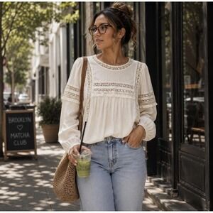 American Eagle Boho Lace Peasant Top Size S Ivory Femme Romantic Prairie Cottage